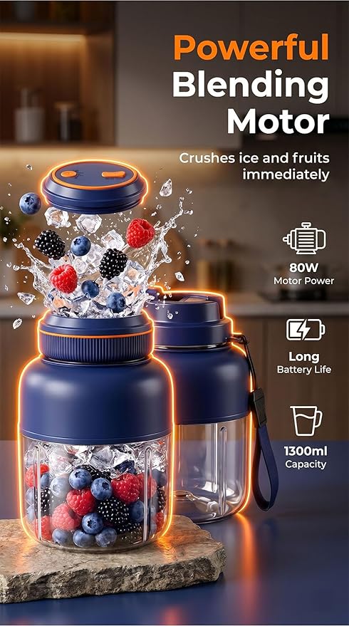 Portable Wireless Juicer Cup - 44 oz Cordless Blender with 38-Blade 18000 RPM High-Speed Motor, USB-C Rechargeable Personal Smoothie Maker for Gym, Travel, and Outdoors (Single Cup-Blue,44oz)