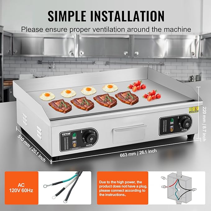 VEVOR Upgraded Commercial Electric Griddle, 2800W Stainless Steel Countertop Flat Top Grill, 26'' Griddle Grill with 2 Shovels and 2 Brushes, 122℉-572 ℉ Adjustable Temp, for Home Restaurant(No Plug)