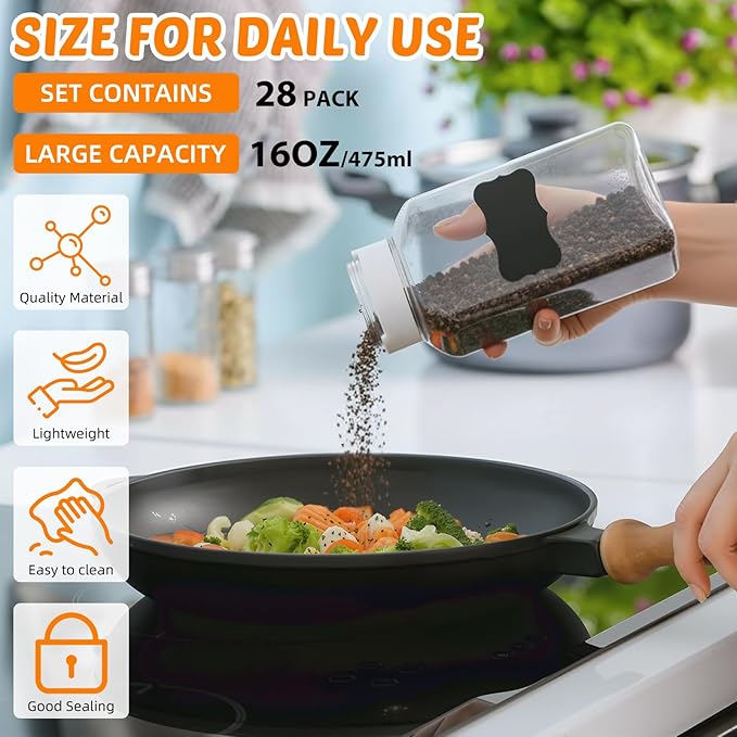 Mifoci 28 Pack 16 oz Plastic Spice Jars with Cap Square Plastic Bottle Containers with Shaker Lids and Stickers Large Seasoning Shaker Empty Powder Storage Container for Storing Salt Herbs (White)