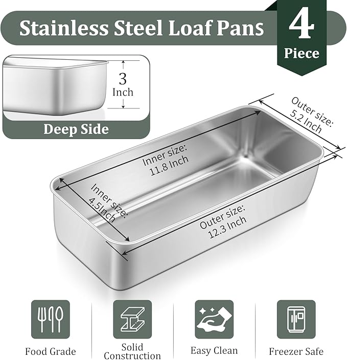 TeamFar Loaf Pan, 12 x 5 Inch Stainless Steel Loaf Pans for Baking Bread, 4 Pack Large Bread Loaf Baking Pan for Homemade Bread, Meatloaf, Cake, Brownies, Non-Toxic, Heavy-duty, Oven & Dishwasher Safe
