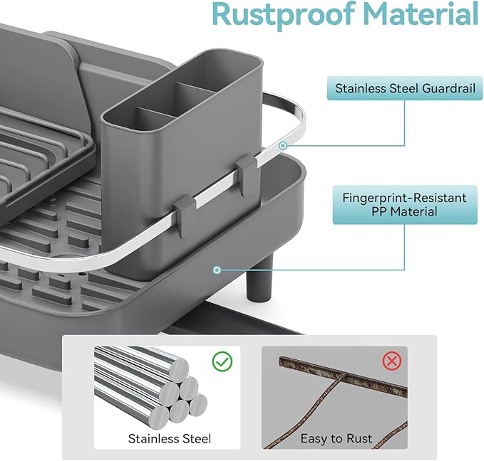 Urackify Expandable Dish Rack for Kitchen Counter, 16.14"-23.62" Large Stainless Steel Dish Drying Rack with Adjustable Water Spout, Space Saving Dish Drainer with Auto Draining Cutlery Holder,Grey