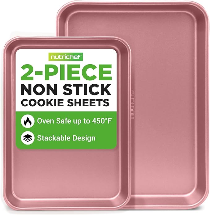 NutriChef 2-Piece Nonstick Cookie Sheets for Baking - Premium Medium & Large Size Baking Sheet Set - Thick Carbon Steel Bakeware Trays - Dishwasher Safe, Rose Gold