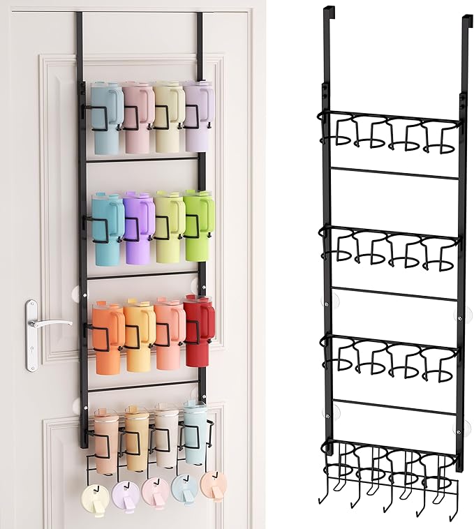 SWTYMIKI 4-Tier Water Bottle Organizer - Over the Door Stanley Cup Holder - Cup Rack with Hooks for Door or Wall Mount Option- Tumbler Organizer Storage Display for Kitchen Dorm Office RV, Black