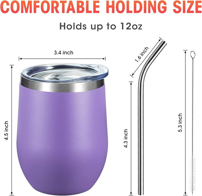 COMOOO Stainless Steel Wine Tumbler Glass Bulk with Lid and Straw 12oz Double Wall Vacuum Insulated Travel Tumbler Cup Stemless for Coffee Wine Cocktails Ice Cream Cup,Purple, 16 pack