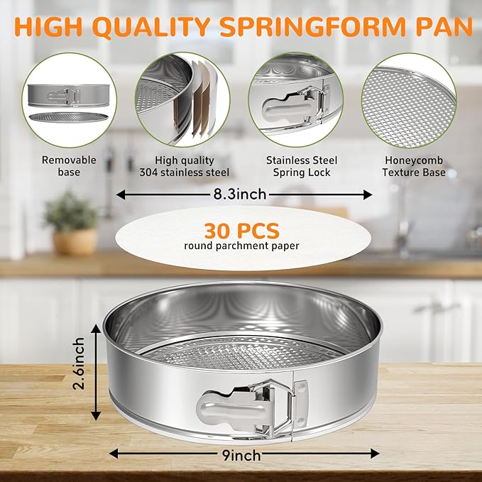 ZeroPone 9 Inch 304 Stainless Steel Springform Pan with Removable Bottom, Nonstick Round Spring Form Cheesecake Pan with 30 Pcs Parchment Paper Liners