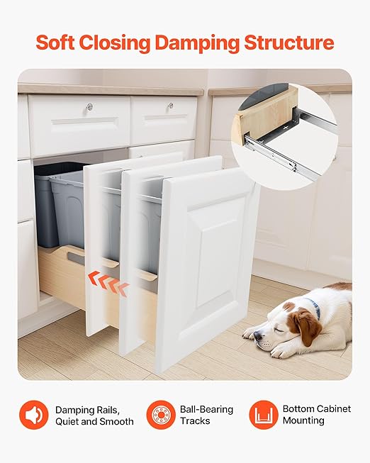 VEVOR Wood Pullout Trash Can for Kitchen Cabinets, 35 QT x2 Double Under Sink Garbage Waste Recycling Bin, Under Mount Waste Container, with Heavy Duty Metal Soft Close Sliding System and Door Kit
