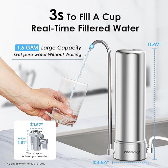 Waterdrop CTF-01 Water Filter for Sink Faucet, NSF/ANSI 42 Certified Countertop Water Filter System, 5-Stage Stainless Steel Faucet, Reduces Heavy Metals and 99% Chlorine, 16000 Gallons, 2 Filters