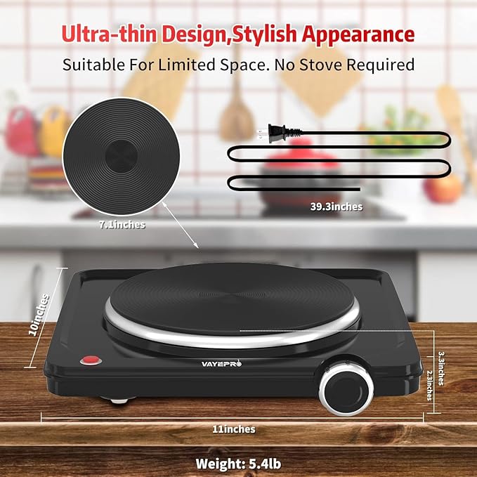 Vayepro 1500W Hot Plate, Portable Electric Stove, Single Electirc Cooktop, Portable Burner for Cooking, Cooktop for Dorm Office Home Camp, UL Listed, Compatible with All Cookware