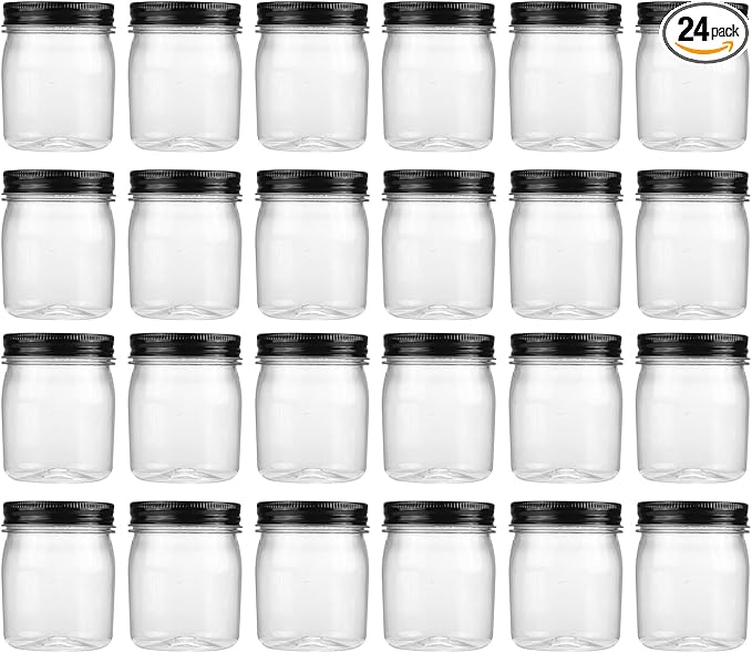 novelinks 8 oz Clear Plastic Jars with Airtight Lids, 24 Pack Plastic Mason Jars with Lids 8oz, Refillable Storage Slime Containers & Small Spice Jar for Kitchen Organization (24 Pack,Black)