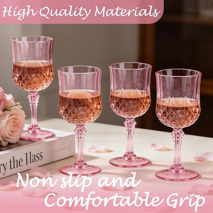 Plastic Wine Glasses, Plastic Goblets Vintage Style Cordial Unbreakable Drinking Glasses, Reusable Drinkware for Wedding Reception, Grand Event Party Supplies (100, Pink)