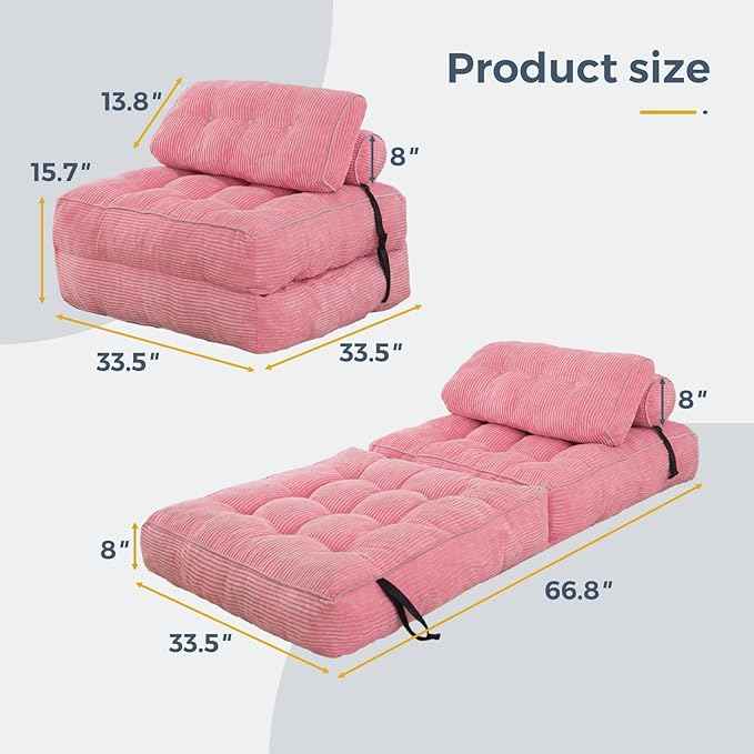 MAXYOYO Folding Sofa Bed, Convertible Sleeper Chair with Pillow Foldable Mattress with Back Support, Portable Fold Out Chair Bed Comfy Floor Sofa Lounge for Living Room Bedroom, Pink, Single