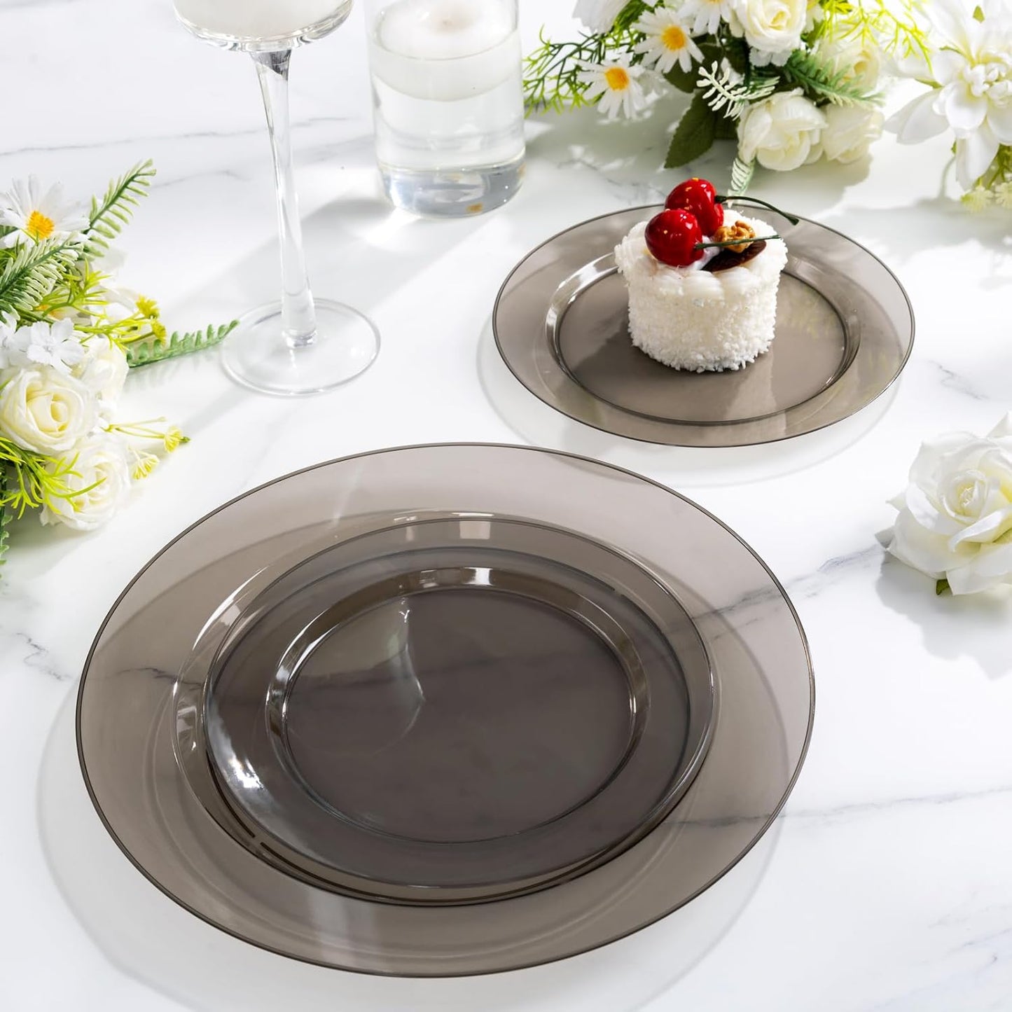 I00000 102 Pcs Clear Black Plastic Plates, Black Disposable Party Plates Include 51 Dinner Plate 10’’ and 51 Dessert Plate 7’’ Perfect for Birthday, Party & Wedding