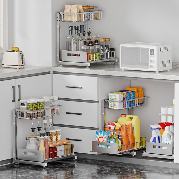 L-Shaped Under Sink Organizer, 2-Tier Pull Out Metal Kitchen Cabinet Organizer with Sliding Storage Drawer, Height Adjustable Heavy Duty Under Bathroom Sink Storage for Cleaning Supplies 1 Pack