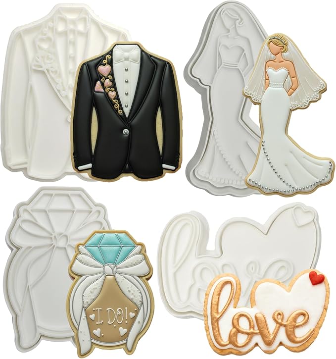 Love Cookie Cutters Set of 4 Wedding Cutter Molds 3.5" with Plunger Stamps Baking Dough Tools Cake Shapes PLA Accessories for Birdesmaid Decorative Party Kitchen Supplies