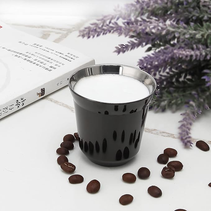 Easyworkz Stainless Steel Espresso Cup 2pcs Set Double Wall 2.5 oz, Bundled Espresso Steaming Pitcher Stainless Steel 12 oz Coffee Frothing Picther Milk Jug Cappuccino Latte Art Cup