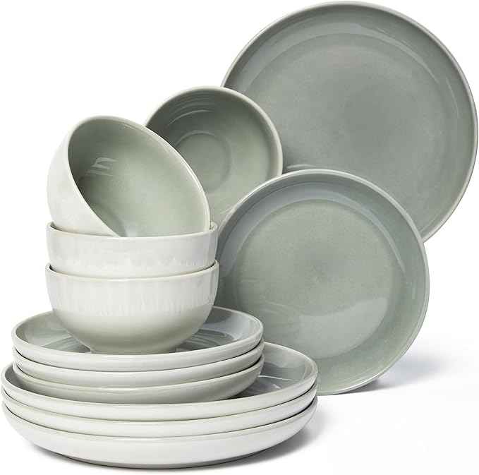 Stoneware Dinnerware Sets Service for 12, 36 pcs Reactive Glaze Plates and Bowls Sets, Handmade Ceramic Dish Set, Highly Chip and Crack Resistant Modern Plate Set, Gradient Green