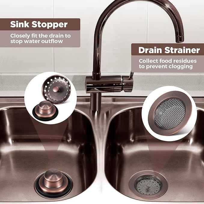 Mudder 3 Pcs Kitchen Sink Drain Strainer and Stopper Stainless Steel Garbage Disposal Plug with Handle Universal Anti-Clogging Kitchen Sink Filter Sieve Basket Strainer(Antique Copper)