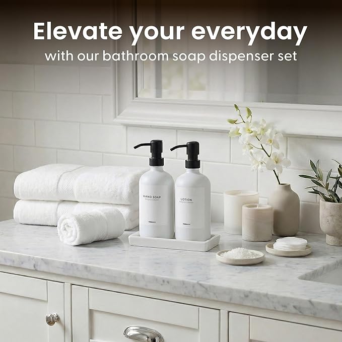 MaisoNovo Bathroom Soap Dispenser Set- Soap and Lotion Dispenser Set with White Soap Dispenser, Black Pumps & Ceramic Tray