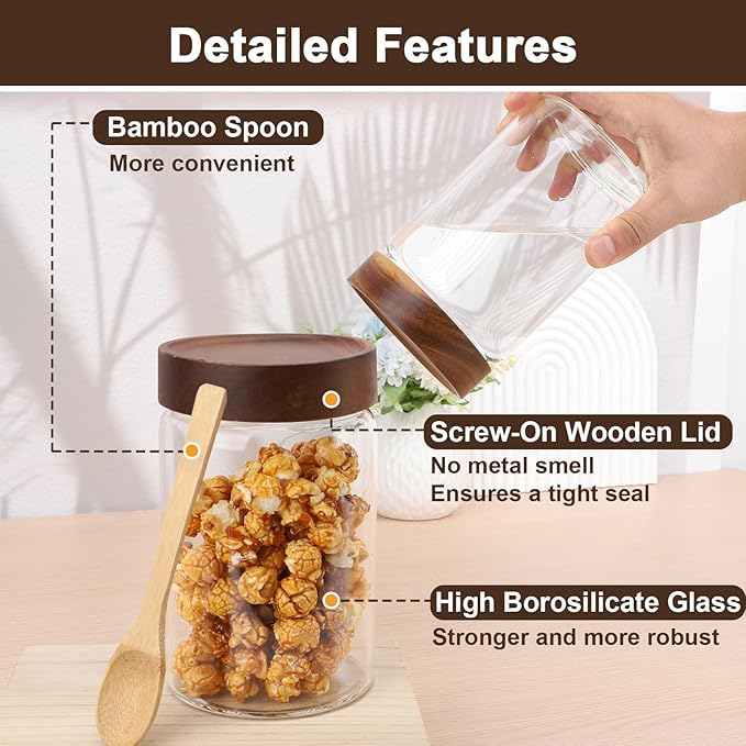 Glass Jars with Airtight Lids, 2 Pack 29oz Glass Mason Jars with Wood Lids, Wooden Screw-on Top Coffee and Sugar Containers for Pantry Storage, Tea, Cereal, Oats, Flour, Cookie, Candy