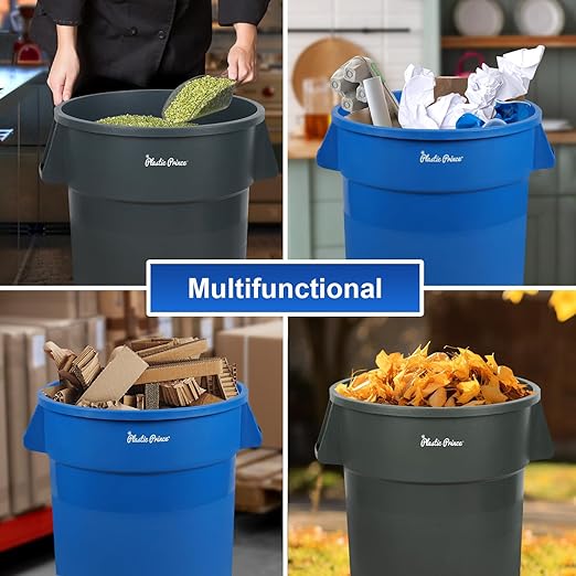 PLASTIC PRINCE 20 Gallon Round Trash Can with Lid and Dolly Gray Plastic Commercial Garbage Container for Home Garage Restaurants Warehouses - Bundle
