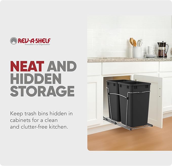 Rev-A-Shelf Pullout Trash Cans for Kitchen Cabinets 27 Qt Garbage Waste Recycling Bin with Full Extension Slides, Black, RV-15KD-18C S