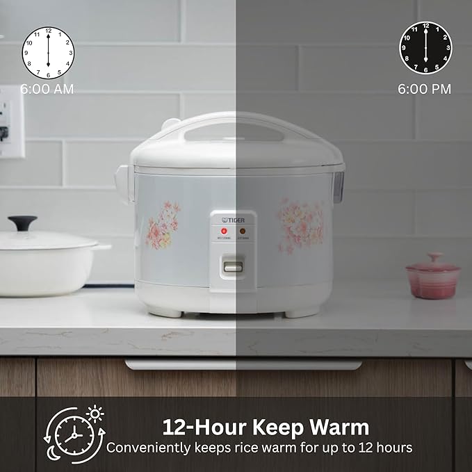 Tiger JNP-1000-LF 5.5 Cup Capacity White Rice Cooker with Non-Stick Inner Pot, Retractable Power Cord, and Keep Warm up to 12 hours (Flower)