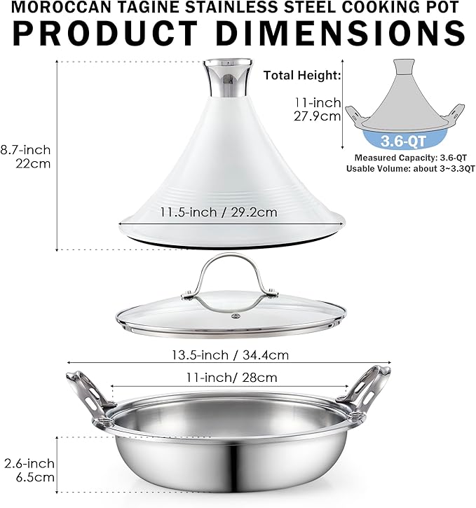 Cooks Standard Moroccan Tagine Pot 3.6 Qt, 11 Inch Multi-Ply Clad Stainless Steel Pan with Dual Handles, Clay Pot Alternative for Slow Cooking, with Conical Die-Cast Aluminum & Glass Lid, White