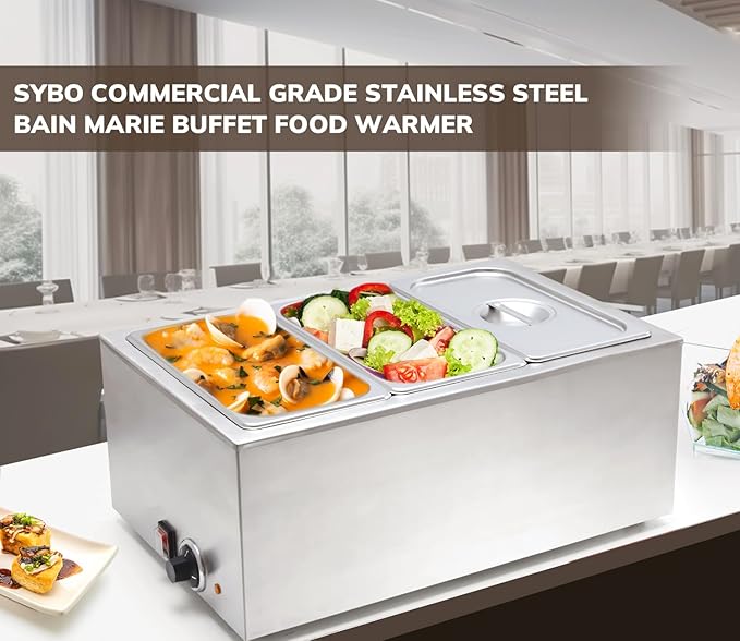 SYBO Food Warmer Commercial Grade Stainless Steel Bain Marie Easy to Clean Steam Table for Buffet Catering and Restaurants, ETL, CE ROHS Certified for Commercial, Safety (3 Sections)