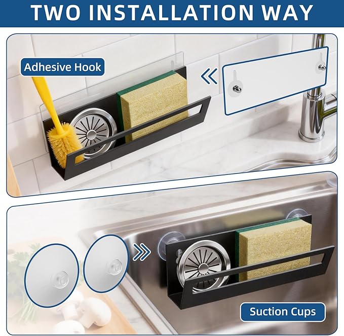 Sponge Holder for Kitchen Sink with Suction Cups & Adhesive Hook, Rustproof In-sink Sponge Holder, Space-saving Wall Hanging Sink Caddy Organizer Rack - Sponge, Dish Cloth, Brush- 2 Pack