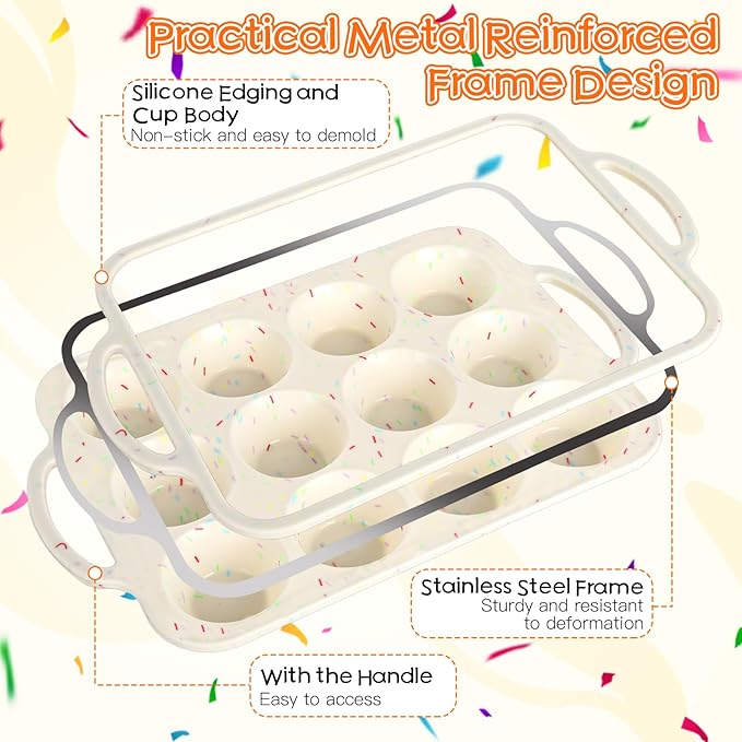 4 Pcs Silicone Muffin Pan Set with Metal Reinforced Frame, 12 Cup Regular Size Nonstick Cupcake Pan and 8-Cavity Mini Loaf Pans with 1 Pastry Brush, Silicone Cupcake Tin for Baking Egg Bites Bread