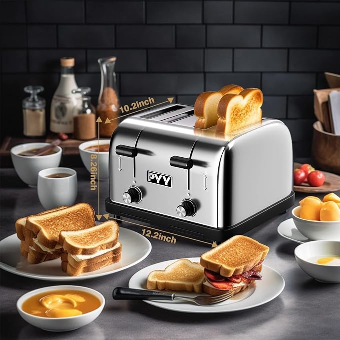 PYY Commercial Toaster 4 Slices - 225 Slices/Hour Stainless Steel Silver Bread Toaster, 1800W with 6 Speed Level, Dual Controls and Removable Crumb Tray, for Family and Commercial