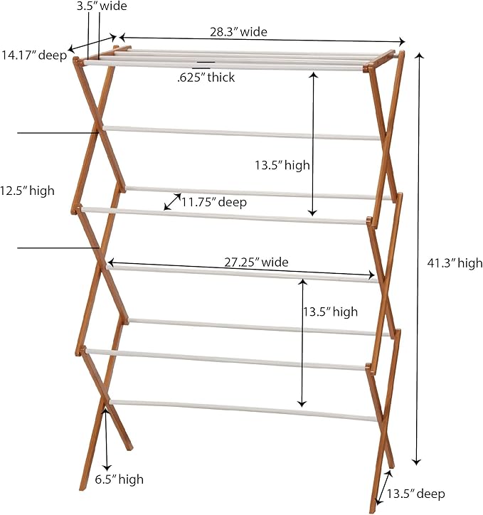 Household Essentials Bamboo Folding Clothes Drying Rack | White Finish, 11 Dowels & Flat Drying Shelf | Eco-Friendly, Collapsible Laundry Rack for Dorms, Apartments & Small Spaces | Fully Assembled