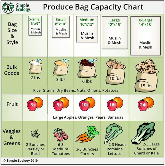 Simple Ecology Reusable Produce Shopping and Storage Bags, Drawstring, Washable Organic Cotton Mesh, X Large 3 pack