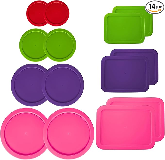 Klareware 1 Cup 2 Cup 3 cup 4 cup 6 cup 7 Cup 11 cup Round Plastic Food Storage Replacement Lids Covers for Klareware Anchor Hocking and Pyrex Glass Bowls (Container not Included) (14 Pack) (Pink,