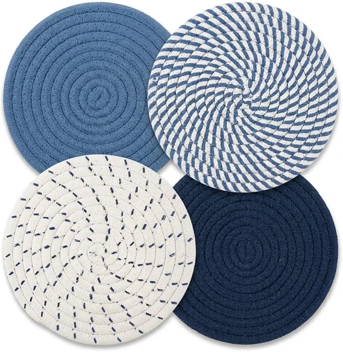 Trivets for Hot Dishes, Hot Pads for Kitchen, 7'' Trivets for Hot Pots and Pans, Pot Holders for Kitchen, Pot Holders Heat Resistant 4-Pcs, Kitchen Essentials for New Home (Blue)