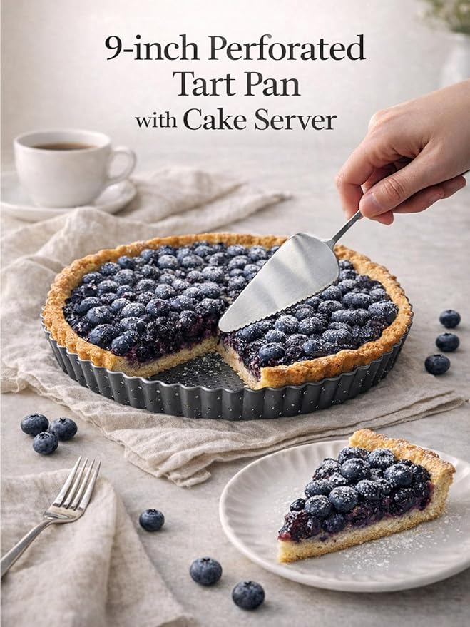 9 Inch Perforated Quiche Pan for Crispy Crust w/Cake Server. Removable Bottom, Non-Stick Coating, Rugged Carbon Steel Dish for Tart Quiche Pie Baking. Gift for Christmas Thanksgiving Party