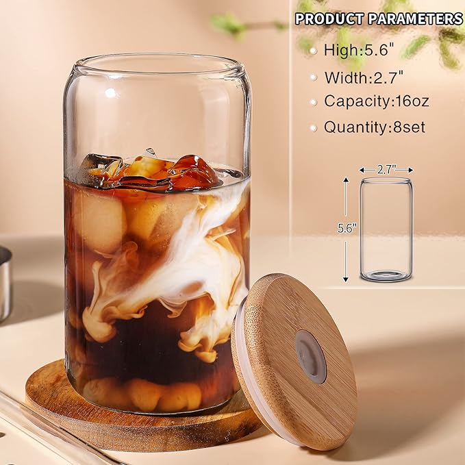 DWTS DANWEITESI Glass Cups with Lids and Straws 8 pcs,16 oz Glass Iced Coffee Cups with Lids-Clear Glass Coffee Cups,Cute Glass Cups for Coffee Bar Accessories Gifts