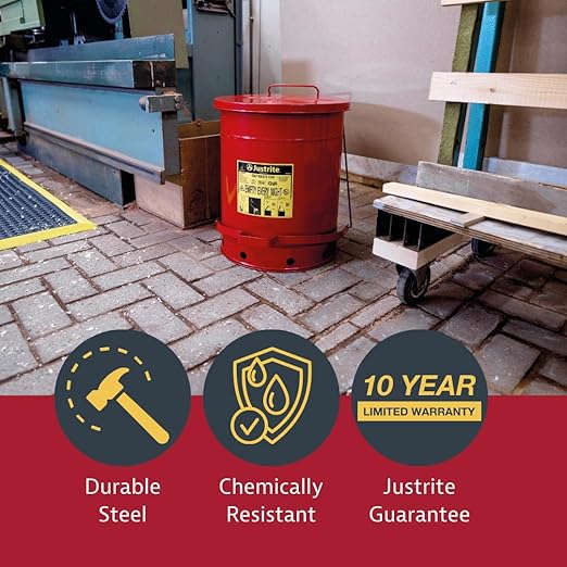Justrite 14 Gallon Galvanized Steel Oily Waste Can, 20" x 16" Metal Oil Rag Safety Can with Quiet Foot Operated Self-Closing Lid for Oil Rag Disposal, Made in The USA, Red, 09508