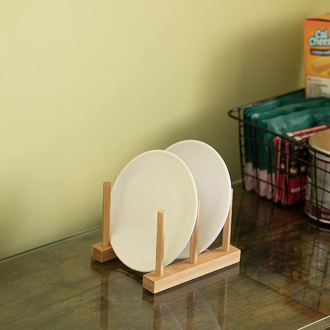 Basicwise Set of 2 Bamboo Wooden Dish Drainer Rack, Plate Rack, and Drying Drainer (2 Grid) (QI004355B.2)