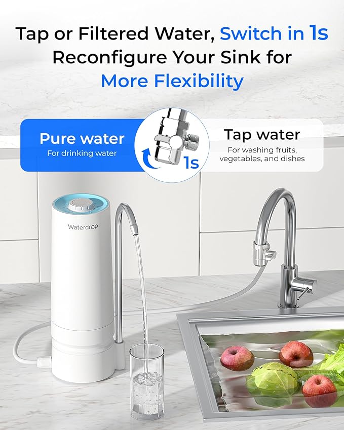 Waterdrop CTF-07 Ultra Filtration Water Filter for Sink Faucet, Countertop Water Filter System and Filter Life Reminder, Reduces Heavy Metals, Bad Odor, and 99% Chlorine, 4000 Gallons, 1 Filter
