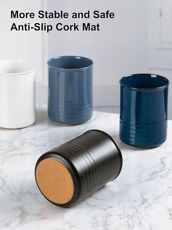 Utensil Holder, 6.7" Ceramic Kitchen Utensil Crock for Countertop Cooking, Modern Utensil Caddy Jar Organizer for Farmhouse Kitchen Counter Décor, Matte Black