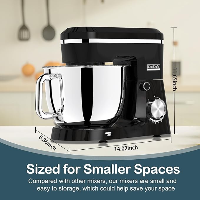 Electric Stand Mixer with 6.5QT Bowl with Handle, Kitchen Mixer with Tilting Head for Bread Dough and Cake with Dough Hook, Whisk, Splash Guard and Egg Separator (Black)