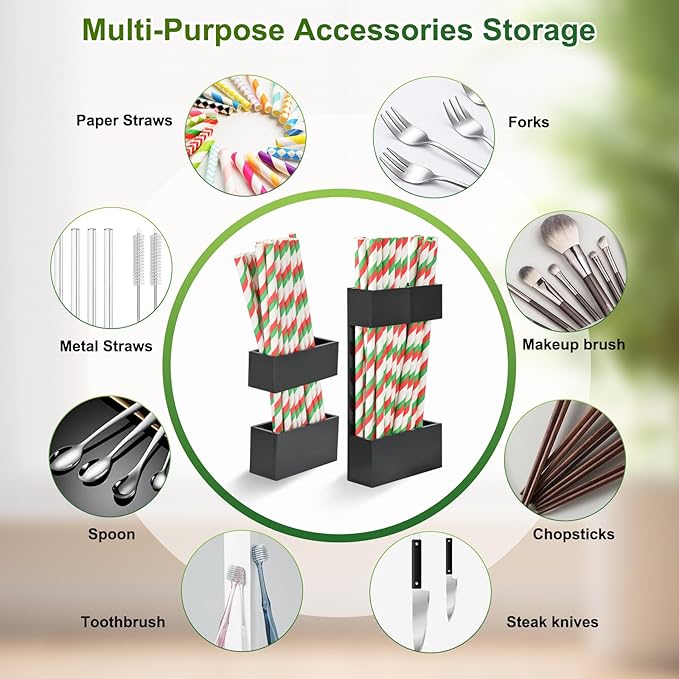 2 PACK Acrylic Straw Holder for Cabinet Doors, Reusable Straw Organizer with Ultra-Sticky Adhesive, Small Kitchen Accessories Container, Fits Both Short & Long Straws(Black)