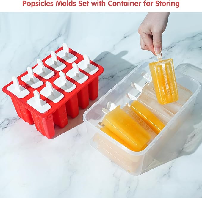 Miaowoof Homemade Popsicle Molds, 10-Cav Non-BPA Silicone Ice Pop Maker, with 50 Sticks, 50 Bags, 10 Reusable Sticks, Funnel, Brush and Ice Pop Recipe (Red+Bin)