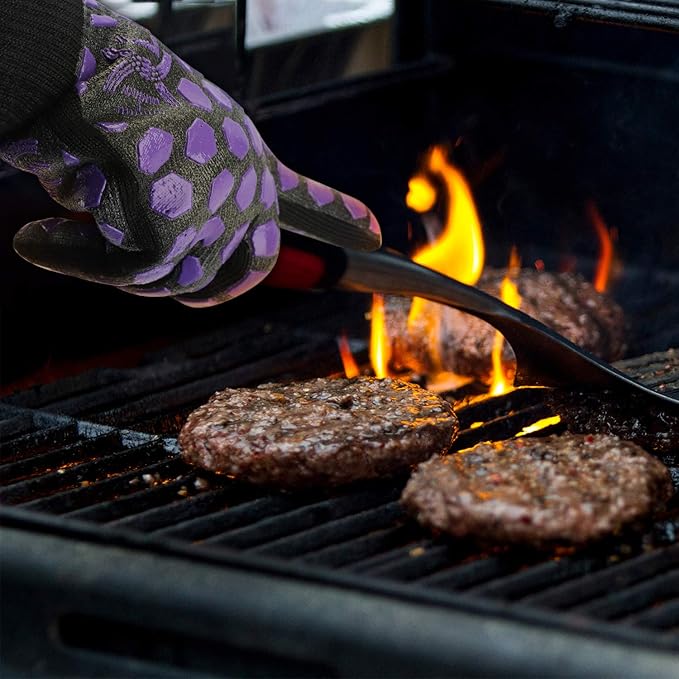 J H Heat Resistant Oven Glove:EN407 Certified 932 °F, 2 Layers Silicone Coating, Oven Mitts for Cooking, Kitchen, Fireplace,Camping, Grilling (Black/Purple, Regular Cuff)