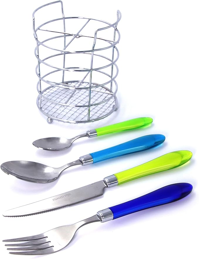 The Original Brink House Sea Blue Green Mix & Match Stainless Steel Cutlery Set with Translucent Handles / 16 pieces with Metal Stand/Lifestyle utensils set for home, apartment, dorm, outdoor events