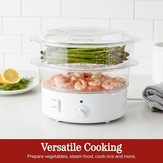 Vegetable Steamer Rice Cooker- 6.3 Quart Electric Steam Appliance with Timer for Healthy Fish, Eggs, Vegetables, Rice, Baby Food by Classic Cuisine, 11"D x 11"W x 12.25"H