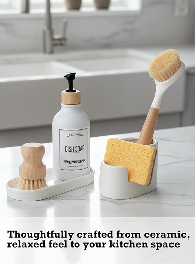 Ceramic Sponge Holder for Kitchen Sink, 2-in-1 Sponge & Brush Organizer, Compact Countertop Sink Caddy with Raised Edge to Catch Drips, Keeps Countertops Dry, Dishwasher Safe, Rustproof, White