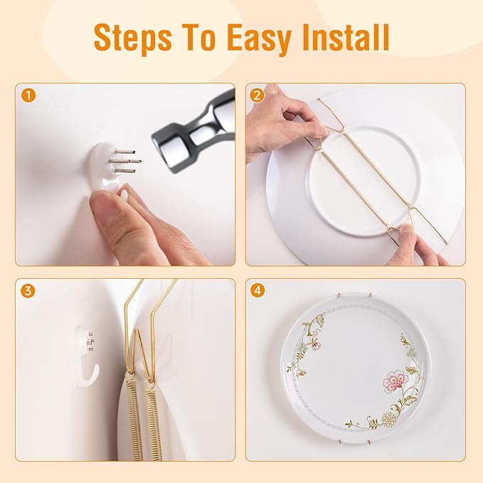 Plate Hangers for The Wall, Suitable for 12-16 inch Decorative Plate, Stainless Steel Wire Plate Holder with Wall Hooks and Rubber tip Protectors, Plate Hangers for Displaying Plates, Platter, Gold
