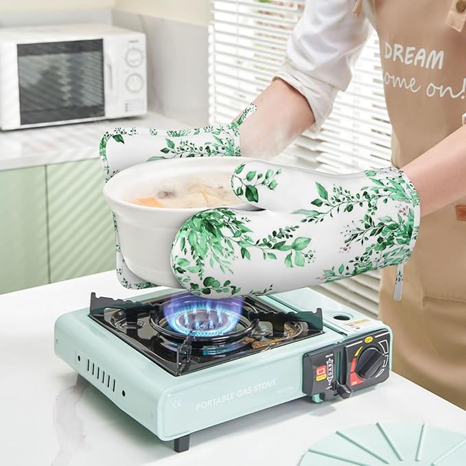Green Eucalyptus Oven Mitts and Pot Holders Set, 4pcs Silicone Watercolor Plant Leaves with Floral Oven Glove for Kitchen Heat Resistant Oven Mitts and Potholders Non-Slip for Cooking